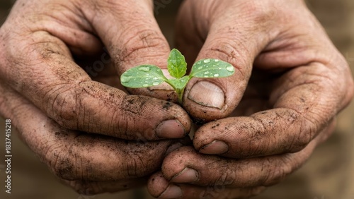 A close-up of dirty hands gently holding a small green seedling, symbolizing growth and nurturing in a natural environment.