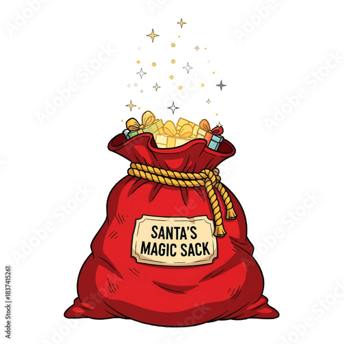 Santa's Magic Sack overflowing with presents, with stars sparkling above, an illustration.  The vibrant red sack is filled to the brim with gifts, tied closed with a rope