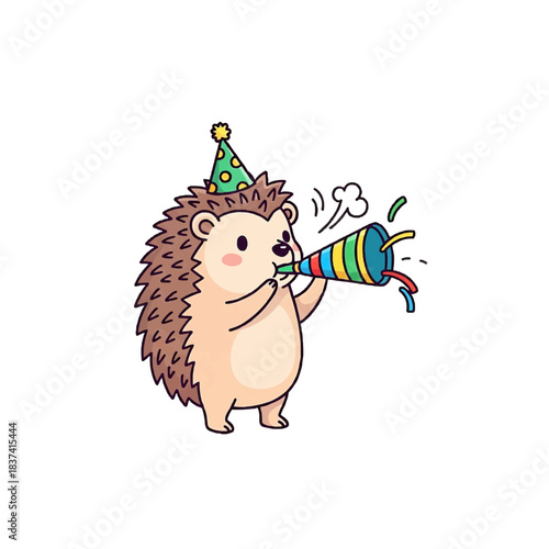 An adorable hedgehog celebrating with a party horn and hat 