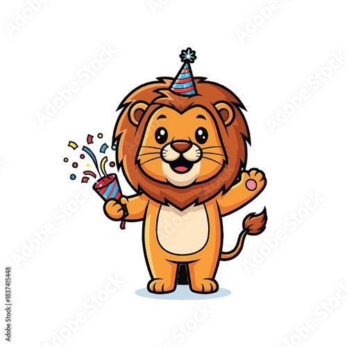 A cute lion character with a party hat holding a party popper, celebrating a fun event. The image has a cartoon-like style.