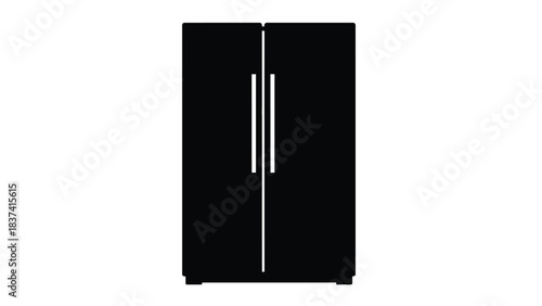 Simple black and white illustration of a modern side by side refrigerator