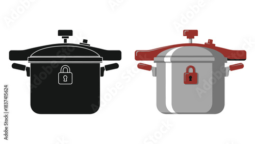 Two pressure cookers displayed one black one silver with red accents