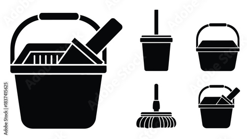 Cleaning tools set buckets mops and brushes in black silhouette style