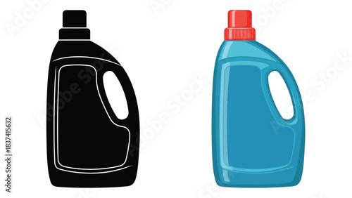 Illustration of two detergent bottles one black and one blue side by side