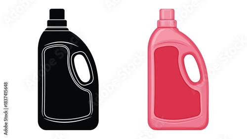 Two bottles of detergent one black and one pink isolated on white