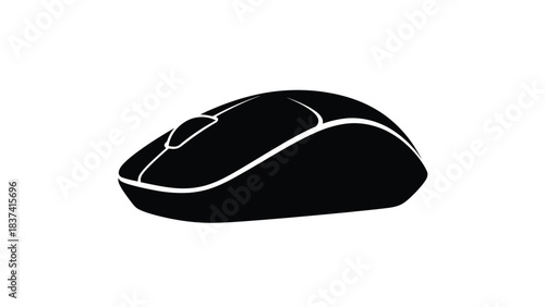 A simple black computer mouse with a white accent line illustration
