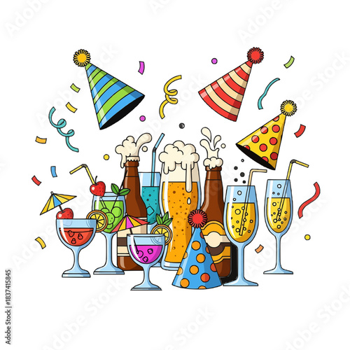 Celebratory drinks and festive items arranged for a party