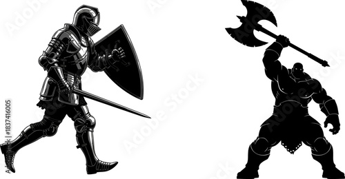 Knight in Armor with Sword and Shield Facing a Hulking Warrior with Axe vector illustration