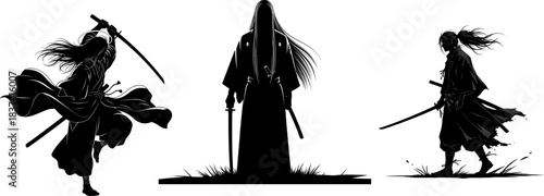 Samurai Warriors With Swords And Flowing Robes Silhouettes katana fighter