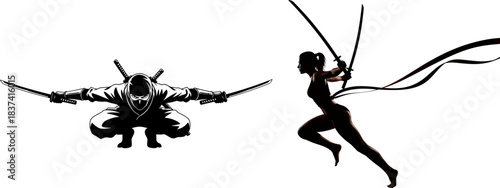 Silhouette of a male ninja with swords and a female warrior with swords and ribbon katana martial arts