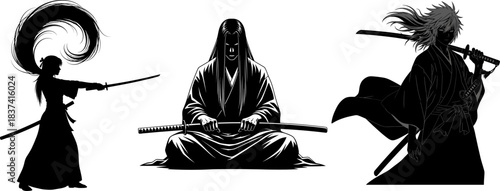 Samurai Warriors With Swords And Intense Expressions Silhouettes katana fighter