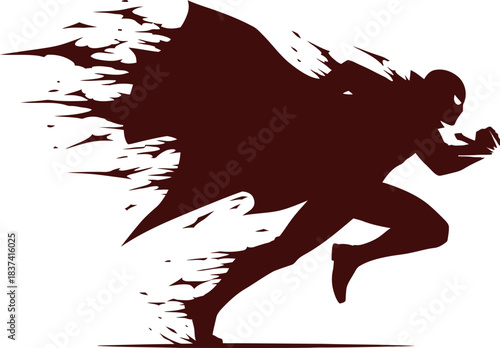 Silhouette of a superhero in a cape running with a fragmented effect vector illustration
