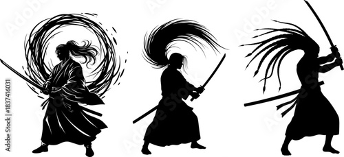 Samurai Warriors With Swords And Flowing Hair Silhouettes katana fighter