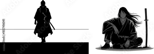 Silhouette Samurai Standing and Sitting with Sword on White and Black Background warrior katana