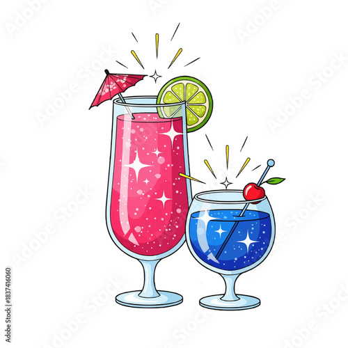 Two refreshing and attractive cocktails decorated with slice of lime and a cherry