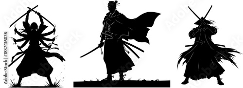 Silhouettes of a multi-armed warrior, a standing samurai, and a samurai in a conical hat katana