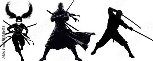 Silhouettes of a female ninja with pigtails, a masked ninja, and a ninja with swords vector