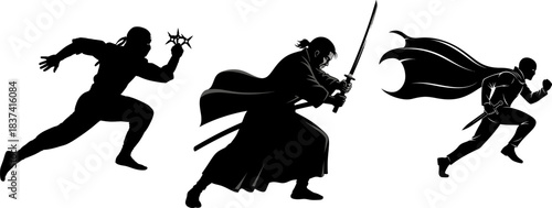 Silhouettes of a ninja with shuriken, a samurai with katana, and a superhero with cape running