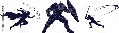Silhouettes of a ninja throwing shurikens, a knight with shield, and a swordsman on white background