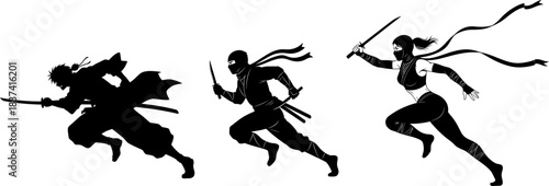 Silhouettes of three ninjas in dynamic action poses with swords on white background warrior