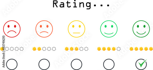 Interactive Feedback Scale Five Point Satisfaction Rating with Emoticons, Star Symbols and Traffic Light Color Coding for Survey UI Design