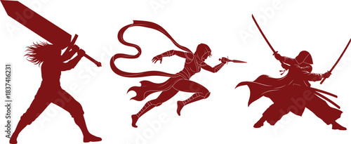 Silhouettes of three warriors in red, one with a great sword, on white background fantasy combat