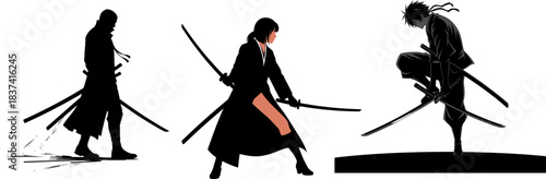 Silhouettes of three warriors with swords in various poses and styles ninja samurai