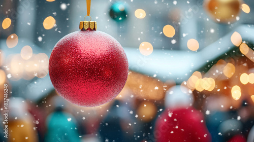 Enormous shiny christmas ornament in snowy festive market scene