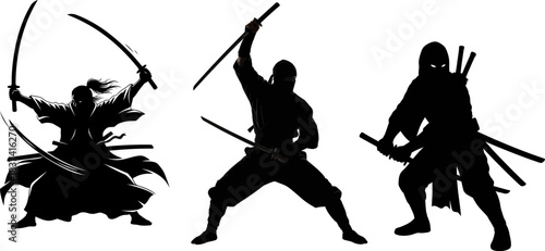 Three black silhouette ninja and samurai warriors in dynamic combat poses sword