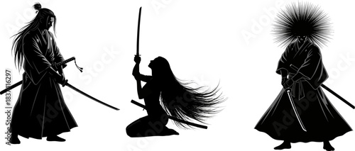 Three Black Silhouettes of Samurai Warriors with Swords and Flowing Hair katana