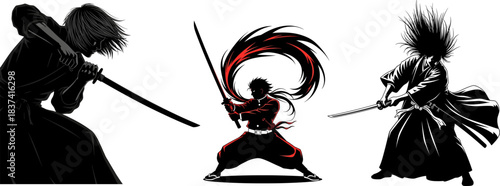 Three Dynamic Illustrations of Warriors with Swords and Stylized Hair katana samurai