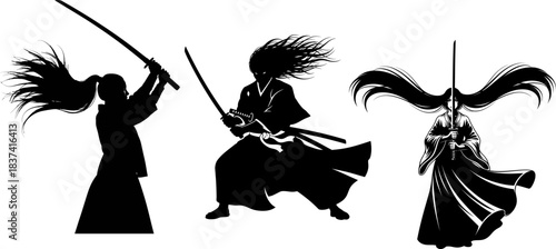 Three Silhouettes of Samurai Warriors in Dynamic Poses with Swords katana