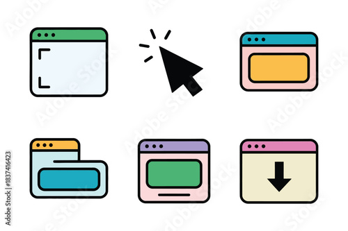 Collection of colorful browser window icons and a cursor pointer