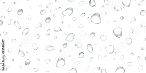 Clear water droplets texture on a clean white background, fresh purity concept.