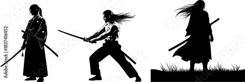 Three Silhouettes of Samurai Warriors with Swords and Flowing Hair on White Background katana
