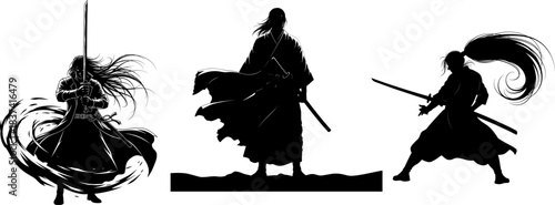 Three Silhouettes of Samurai Warriors with Swords on White Background katana