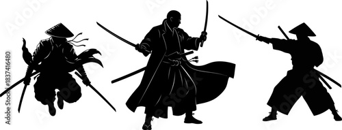 Three Silhouettes of Samurai Warriors in Dynamic Poses with Swords katana