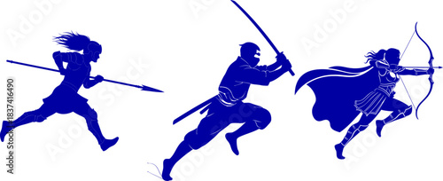 Three Silhouettes of Warriors in Action with Weapons on White Background ninja archer