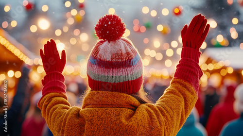 Festive christmas market at golden hour with vibrant lights and joyful atmosphere