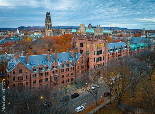 Aerial View of Yale Old Campus along Tree-Lined Street