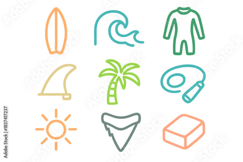 Surfing elements and symbols depicting a day at the beach with waves, surf gear, and sun