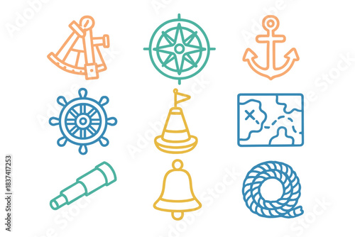 Colorful nautical symbols featuring a compass, anchor, telescope, and ship wheel arranged in a grid pattern