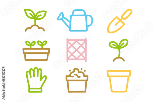 Gardening tools and plants icons for plant care and gardening activities displayed in colorful illustrations