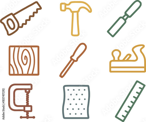 Icons representing various woodworking tools arranged in a grid format illustrating essential equipment for carpentry tasks
