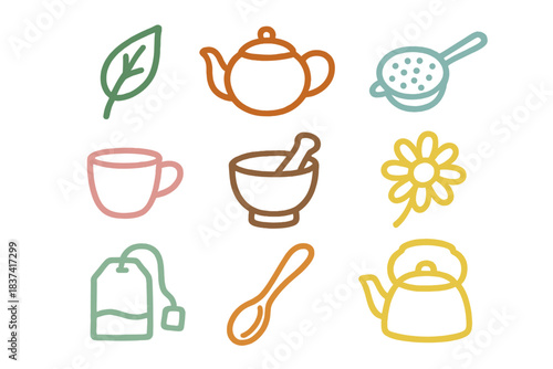 Collection of simple line drawings of tea-related items and natural elements in various colors