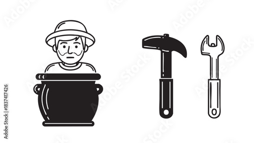 Cartoon Monkey Mechanic with Wrench and Hammer Tools Illustration, Workshop Environment, Front View, Tool Repair Concept