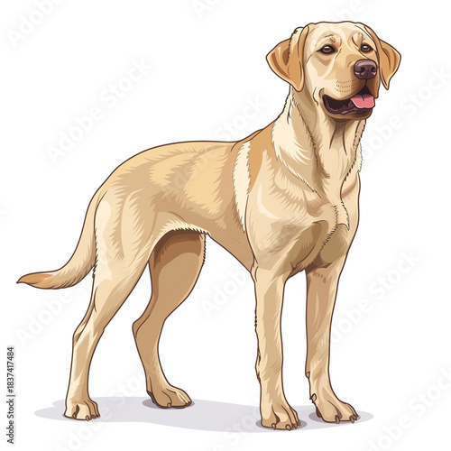 Golden Retriever standing and looking forward with friendly expression on white background