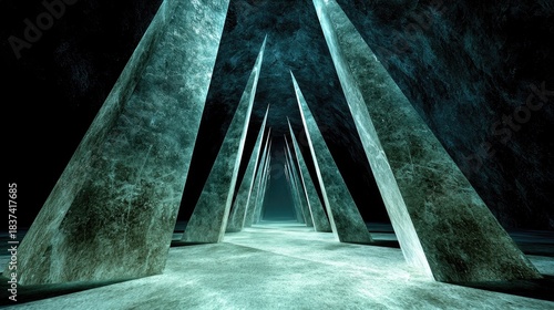 Fototapeta Naklejka Na Ścianę i Meble -  Intricate, futuristic pathway lined with triangular structures.