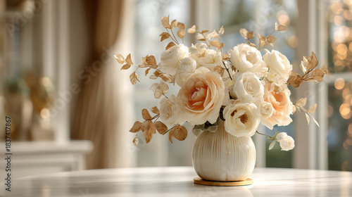 Elegant floral arrangement of roses in a vase, perfect for a romantic setting. This beautiful bouquet of roses is ideal for creating a cozy and romantic atmosphere for any special occasion