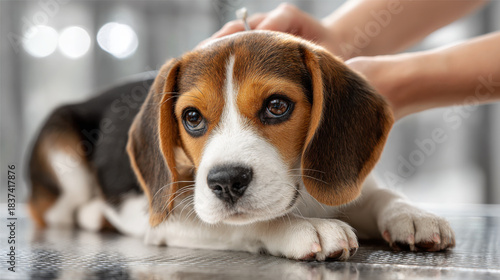 Adorable beagle puppy being examined at a veterinary clinic. A cute beagle puppy is being gently handled by a veterinarian, likely during a routine checkup or examination